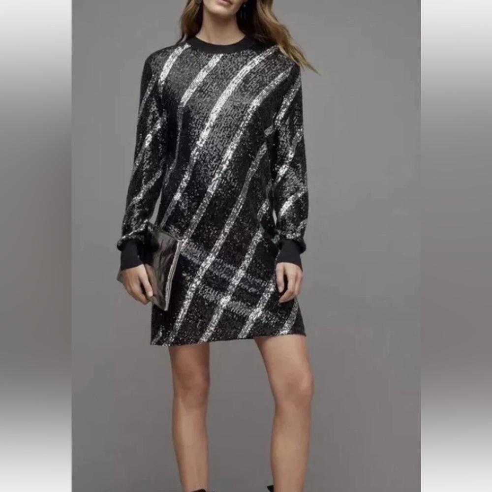 AllSaints Juela Bowi Black Silver Long Sleeve Sequin Minidress X-Small